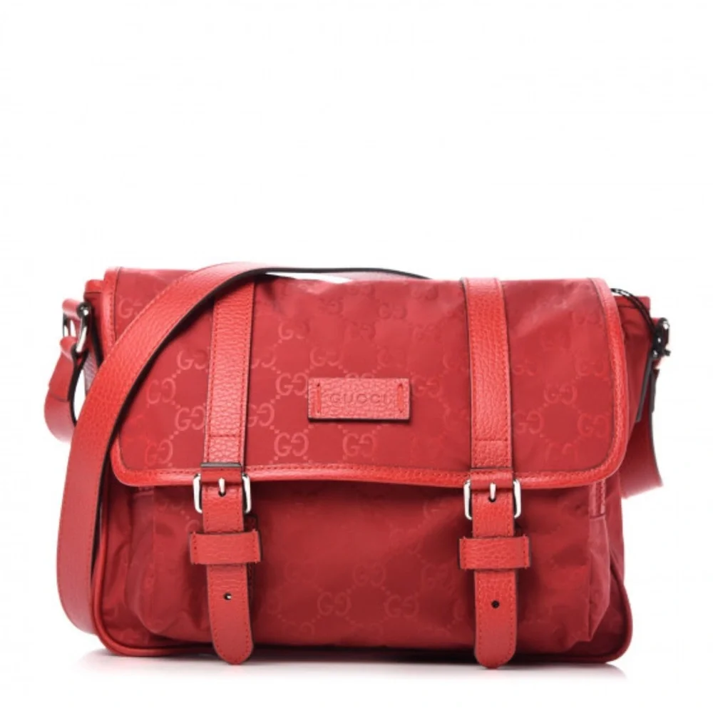 Gucci crossbody bag Guccissima Nylon Monogram Double Buckle Flap Vibrant Red - Picture 1 of 12